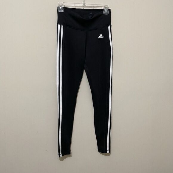 Women's Adidas Black White 3 Stripe Leggings Full Length Small Athleisure Track - Picture 4 of 9